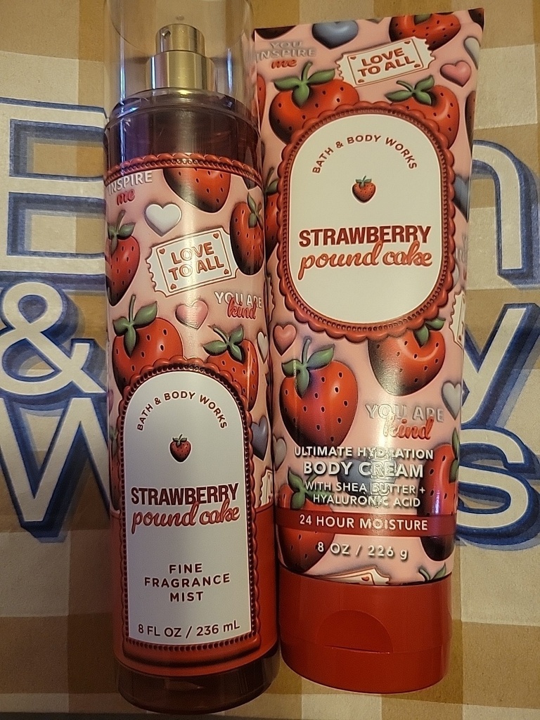 Bath & Body Works Strawberry Pound Cake Body Mist & Cream Valentine's Set of 2