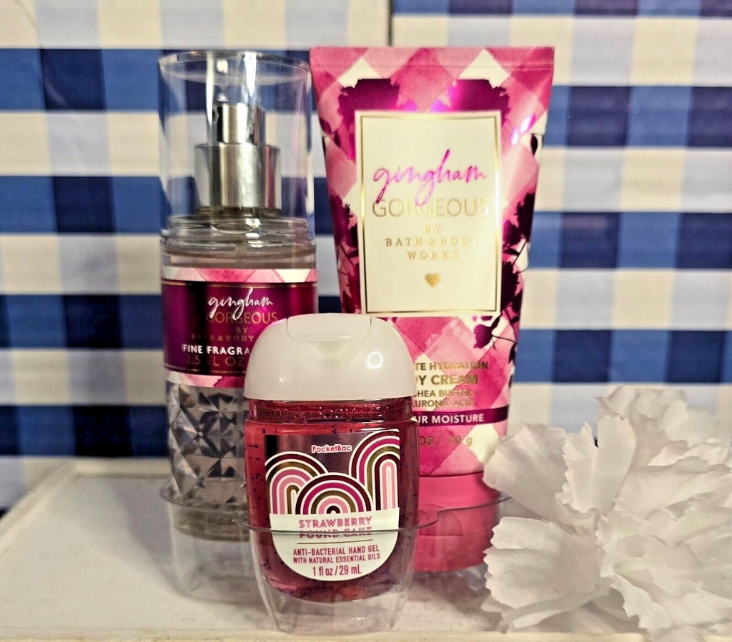 New Bath and Body Works Gingham Gorgeous 3 Pc Travel Gift Set Mist, Cream, Sani