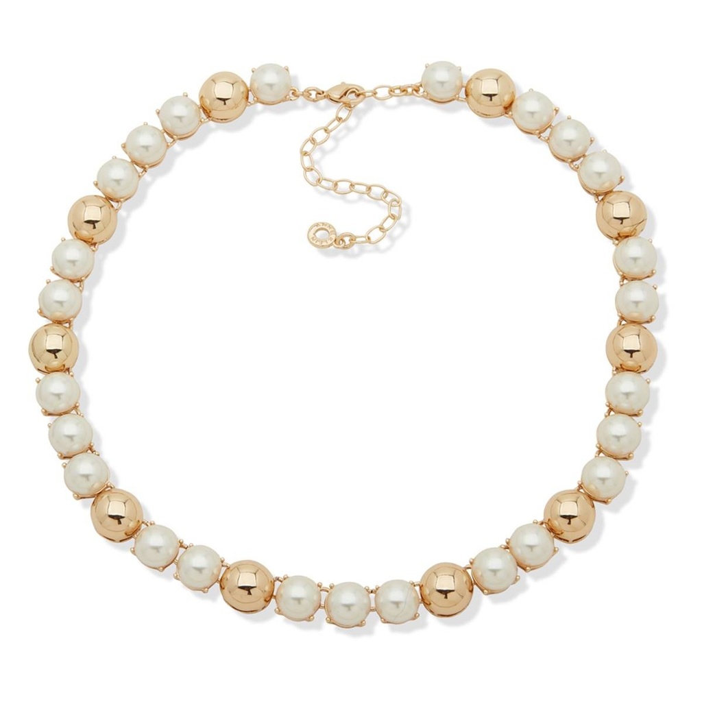 Anne Klein Gold-Tone Bead & Imitation Pearl Domed Collar Necklace, 16" + 3" Extender - Pearl