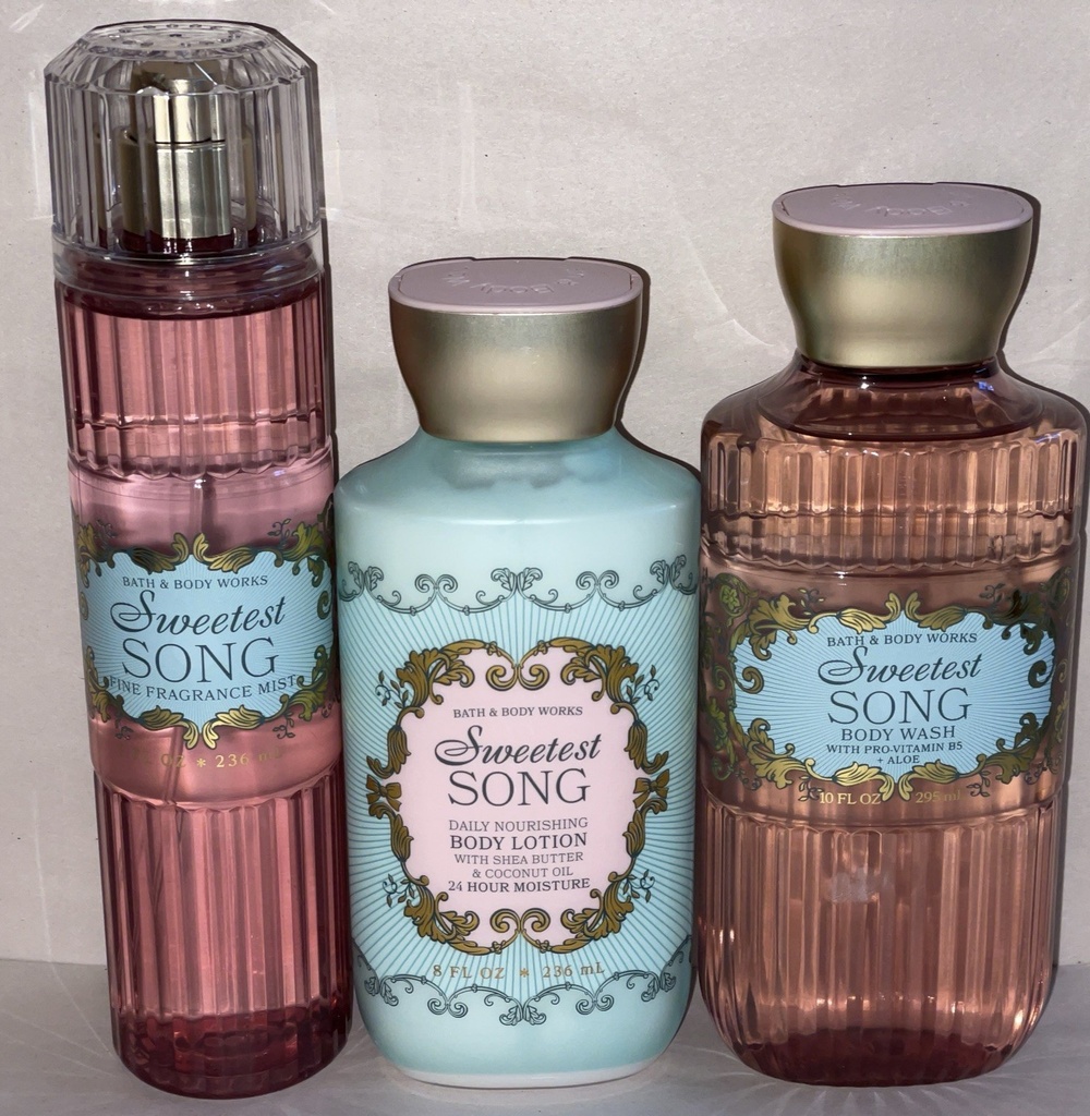 NEW Bath & Body Works SWEETEST SONG Fragrance Mist Body Wash &Lotion 3 Piece Set