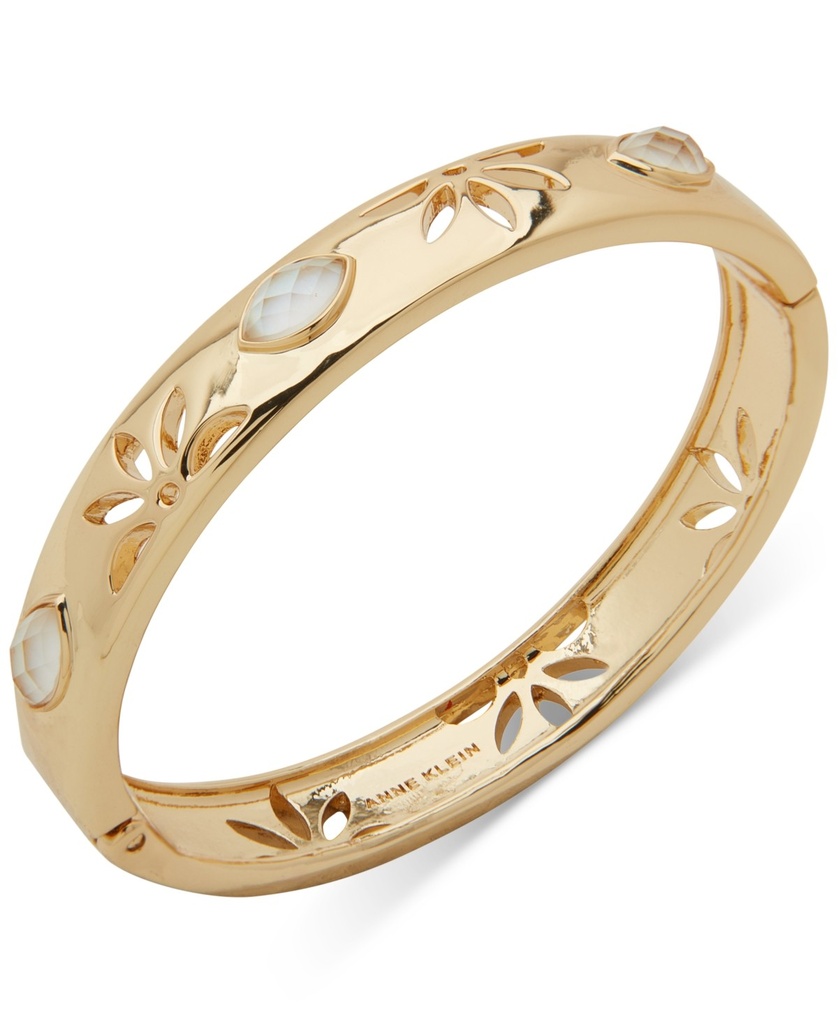 Anne Klein Gold-Tone Mother-of-Pearl & Flower Cutout Bangle Bracelet - Crystal
