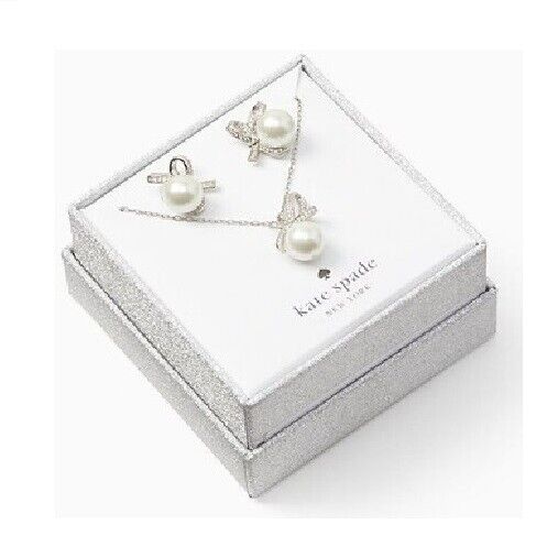 Kate Spade Pearl All Tied up Pendant and Studs Set COLOR: Cream/Silver