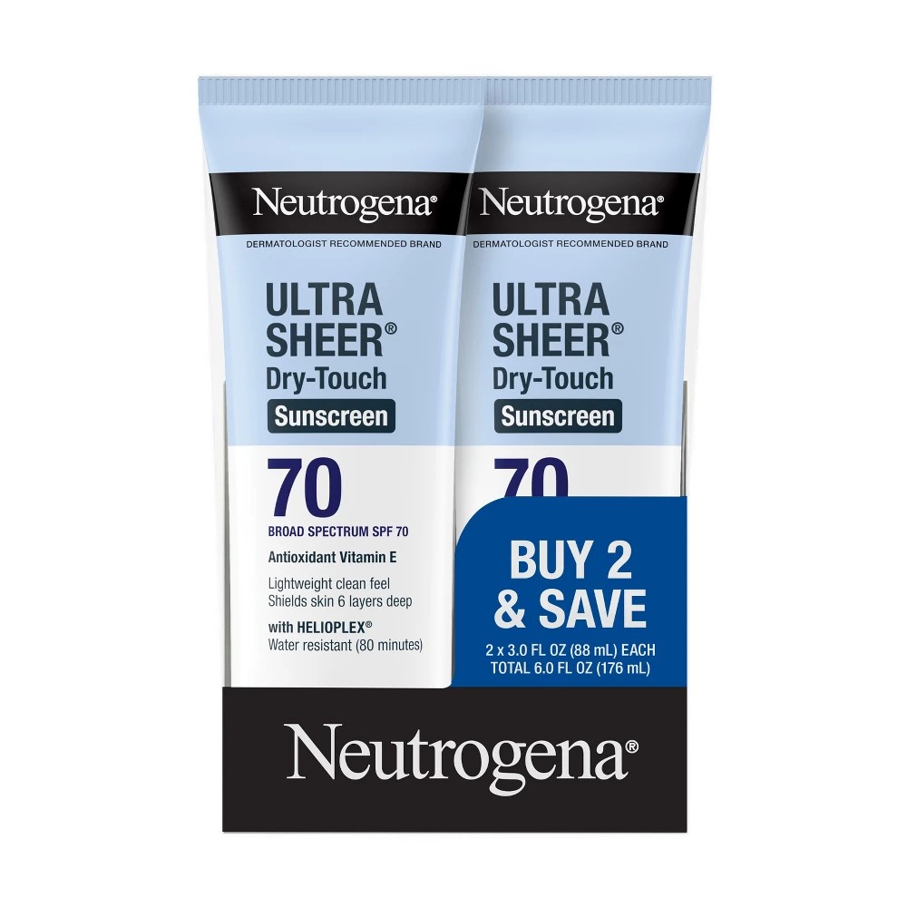 Neutrogena Ultra Sheer Sunscreen - SPF 70 - 2pk/6 Fl Oz: Noncomedogenic, BPA-Free, PABA-Free, Travel Size